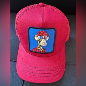 Red Trucker Hat with Cartoon Ape Patch